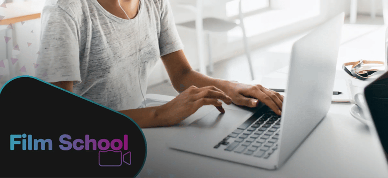 Woman creating screencast on laptop. WeVideo Film School graphic in bottom left corner. 